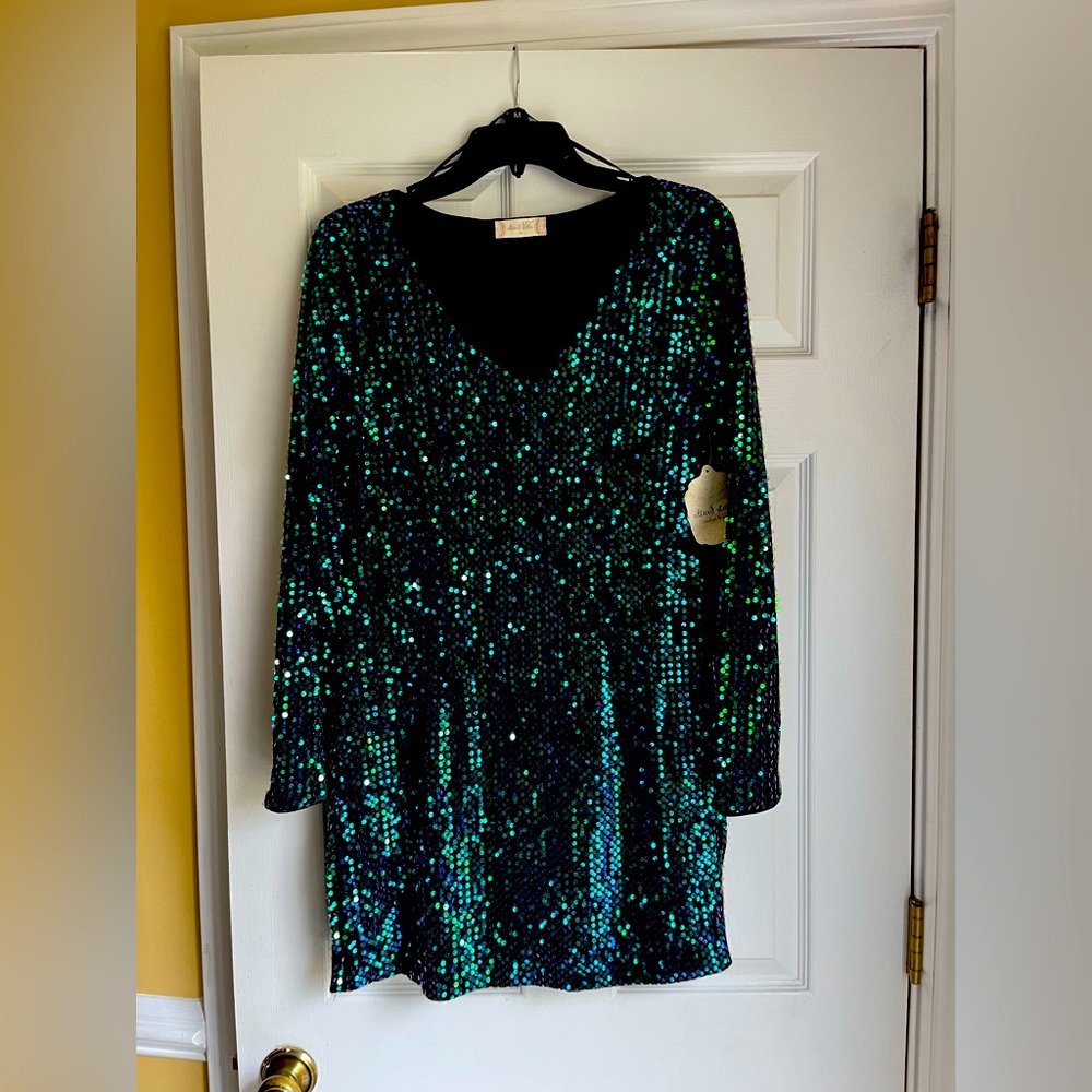 Altar’d State sequin blue green mini long sleeve dress Size M